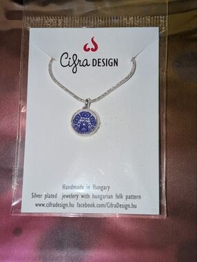 Blue Ceramic Pendant Necklace - Silver Plated